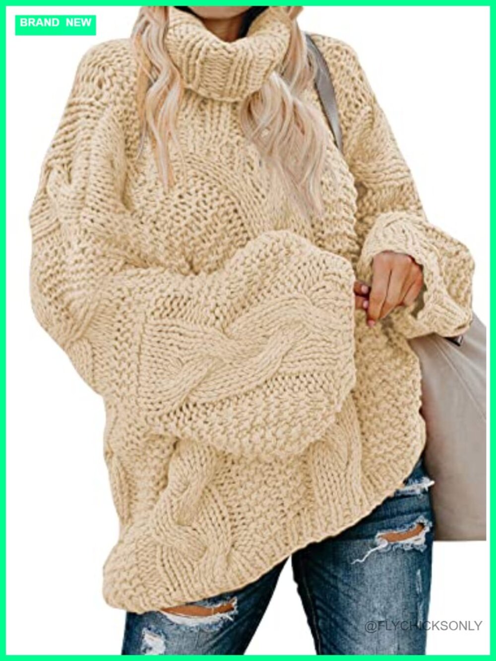 Womens Chunky Cable Knit Turtleneck Pullover Sweater Loose Cozy Fall Winter